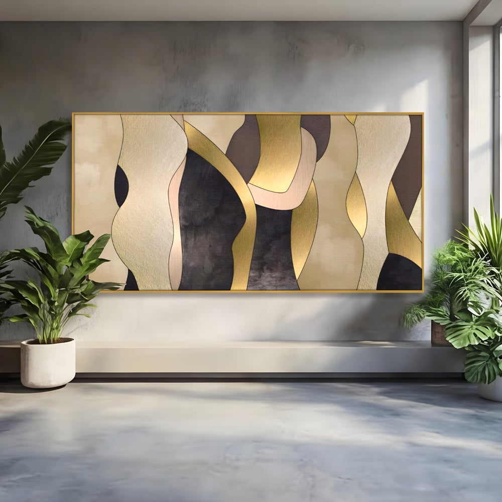 Tablou canvas cu tablou canvas cu forme abstracte aurii, in rama de aluminiu auriu